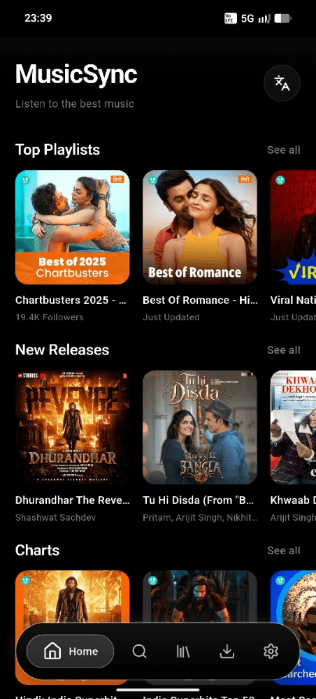 MusicSync home screen